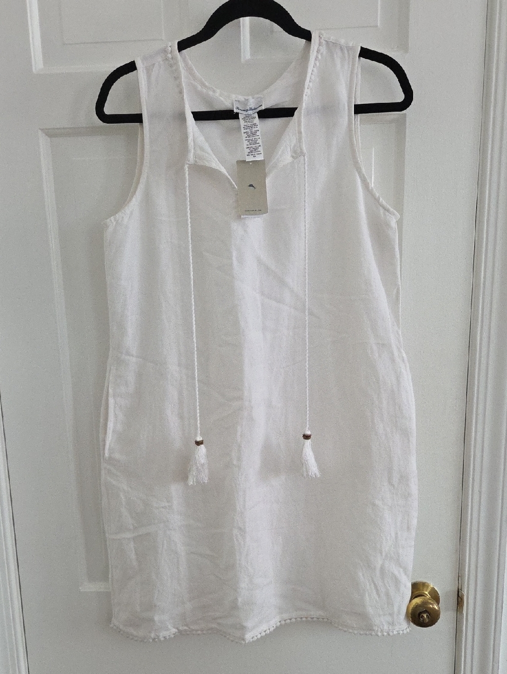 Tommy Bahama White Sleeveless Tassel Linen Shift Dress